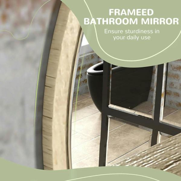 Framed round mirror with natural wood-effect backing and hanging hardware
