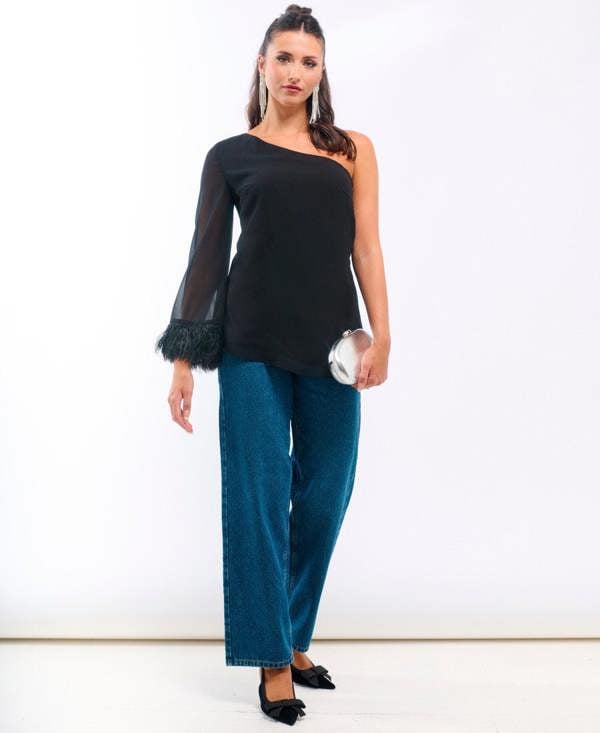 Needs No Label Black Feather Asymmetric Top