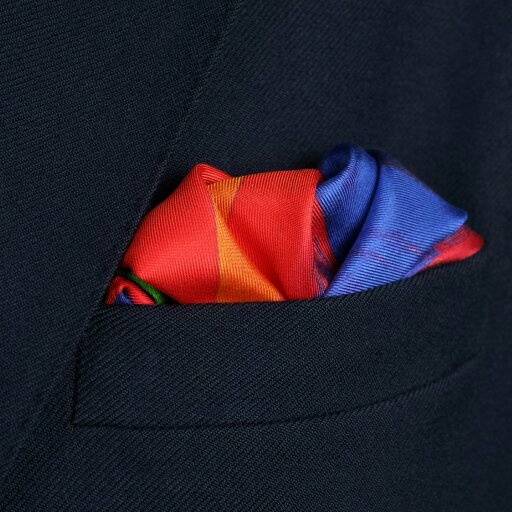 Otway & Orford 'Taverners' Celebration' striped silk pocket square in red, green, blue & orange (42 x 42cm)