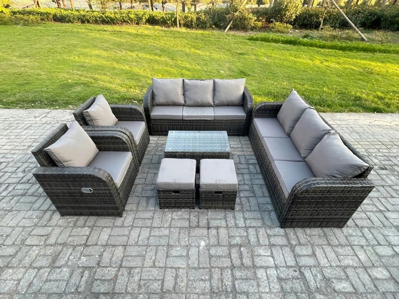 Fimous Rattan Outdoor Garden Furniture Sofa Set Patio Table & Chairs Set with 3 Seater Sofa Reclining Chair 2 Small Footstools Dark Grey Mixed