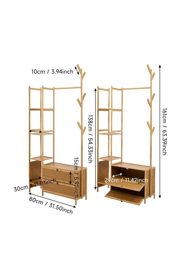 Living and Home Freestanding Bamboo Clothes Rack Garment Rack with Storage Shelves Coat Hanger Hanging Rod