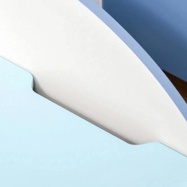 Blue storage box corner with smooth rounded white interior edge