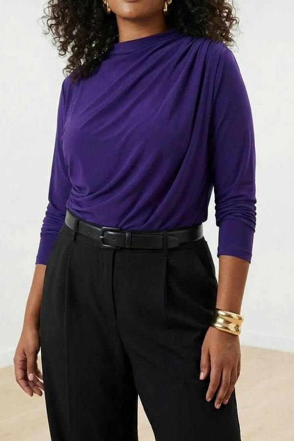 WOVCOR Gathered Detail Long Sleeve Knitted Plus Size Blouse