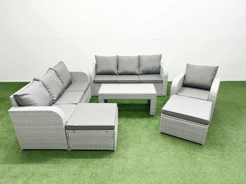 Fimous 9-Seater Poly Rattan Garden Furniture Set - Light Grey Outdoor Patio Sofa with Oblong Coffee Table & 2 Big Footstools