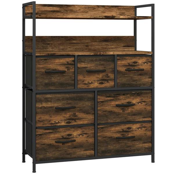 Rustic chest with seven fabric drawers, dark steel frame, rustic brown wood-look finish