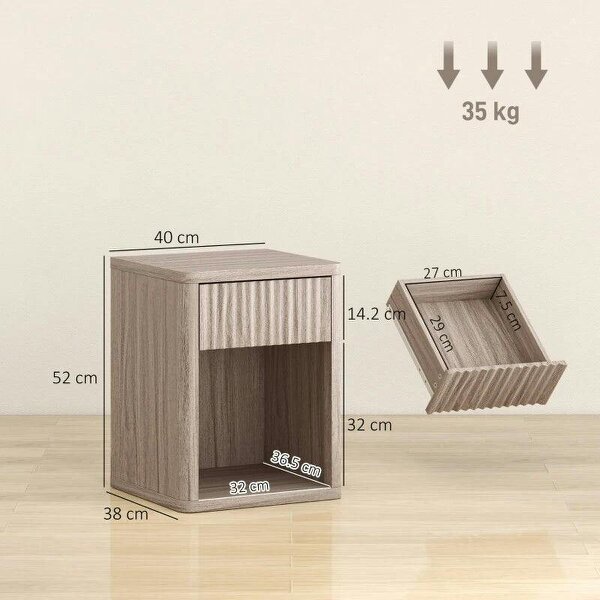 Modern Bedside Table Set of 2, Bedside Cabinet with Drawer and Open Shelf, Side End Table, Nightstand for Bedroom, Oak