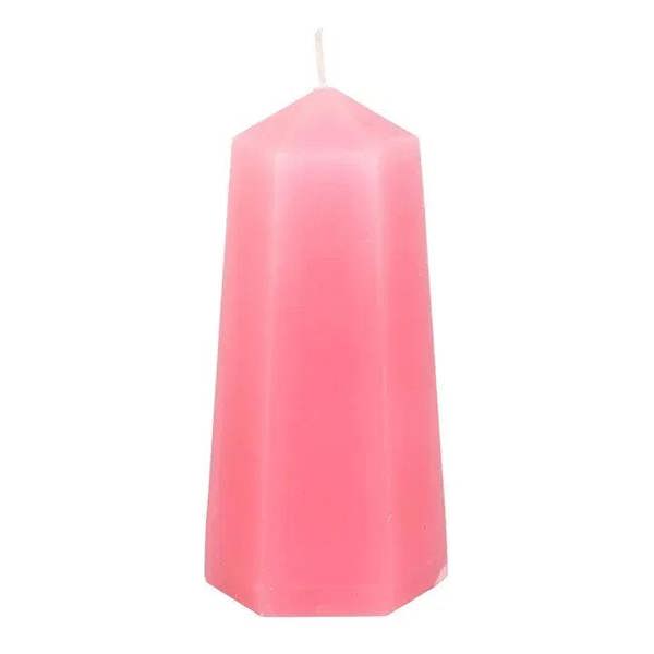 Pink faceted pillar candle with wick, side view