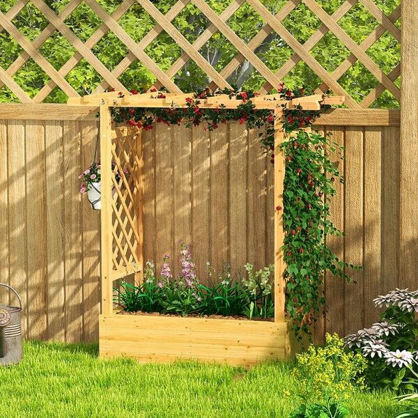 Bobobiy Garden Planter with Trellis, Wooden Raised Bed with Hanging Roof and Drainage Holes, 110 x 44 x 113 cm, Natural