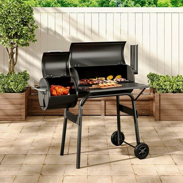 Outdoor Charcoal BBQ Grill with Offset 2-in-1 Smoker and Wheels BBQ Grills Living and Home