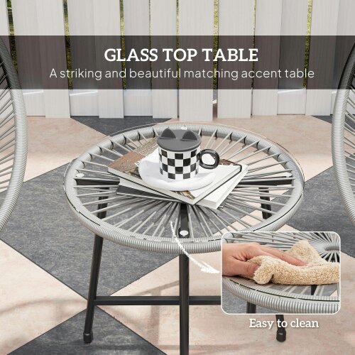 Wyld Haus Nibaco Rattan Rope Grey 3 Piece Outdoor Garden Bistro Set With Glass Top Table