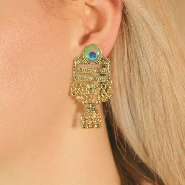 The Colourful Aura Peacock Indian Boho Oxidised Drop Ethnic Dome Asian Jhumka Earring