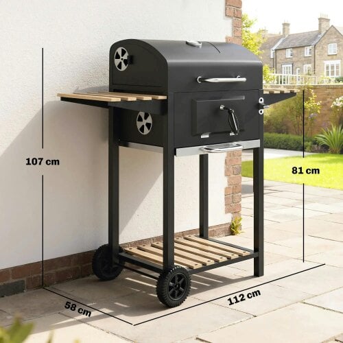 Bobobiy Charcoal BBQ Grill with Height Adjustable Charcoal Pan, Barbecue Smoker with Warming Rack, 3 Shelves, Bottle Opener Cooking Garden Party