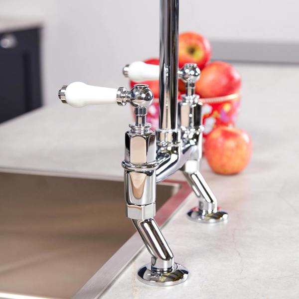 Flode Larvik | Kitchen Dual Lever Bridge Mixer Tap | Polished Chrome Finish