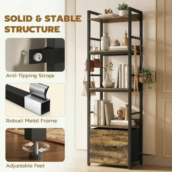 4-Tier Bookshelf, Narrow Bookcase with Drawer, 8 Hooks, Metal Frame, Rustic Brown