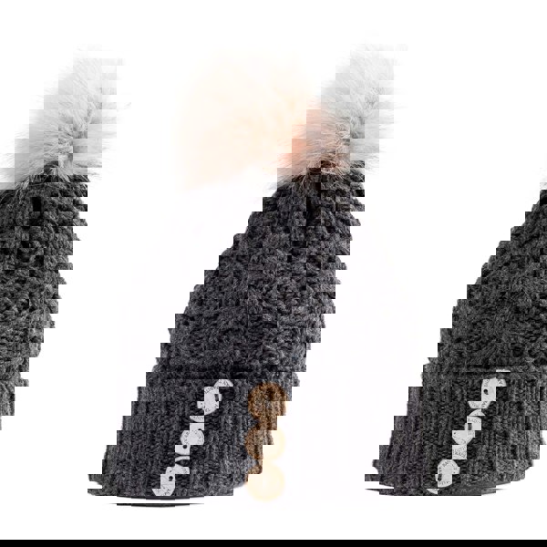 Aran Diamond Cable Button Hat Fisherman Stitch Pom Pom Hat | Chunky Rib Knit with Faux Fur Pom Pom