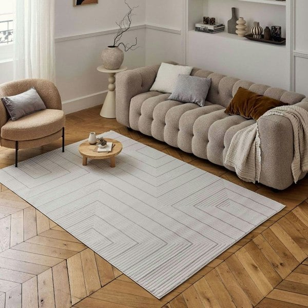 Geometric Living Room rug, grey-cream colours, stain-resistant and non-shedding