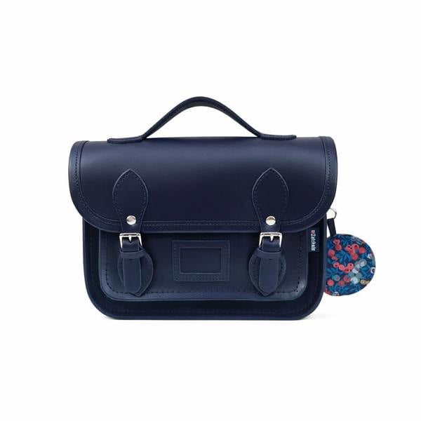 Zatchels Floral Lined Leather Midi Satchel - Navy