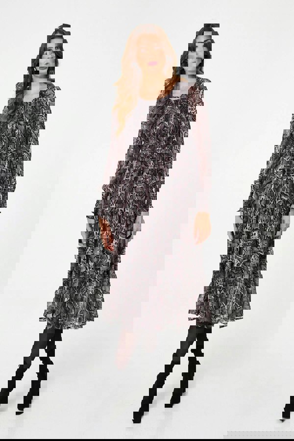 Black | Snake Print Smocked Midi Tiered Dress
