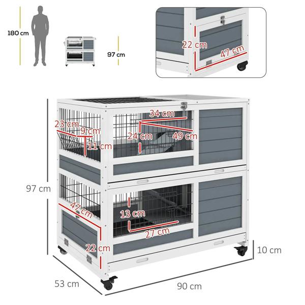 Grey double-decker cage layout with front openings and size measurement diagram
