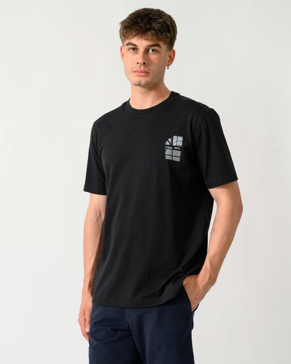 model wearing a BOSS Orange Te Blueprint Mens T-Shirt in Black 001