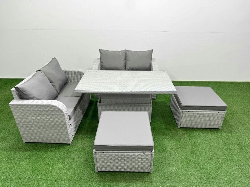 Fimous 6 Seater Outdoor Love Sofa Set Rattan Garden Furniture Set with Adjustable Lifting Dining or Coffee Table 2 Footstool Light Grey