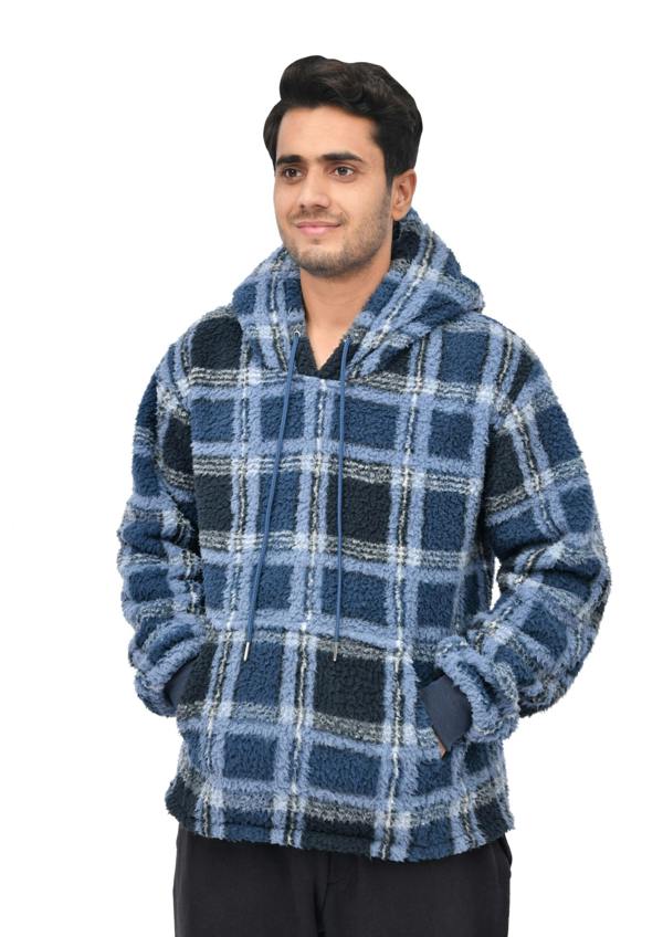 Smart Living Mens Check Fleece Teddy Borg Hoodie - Navy