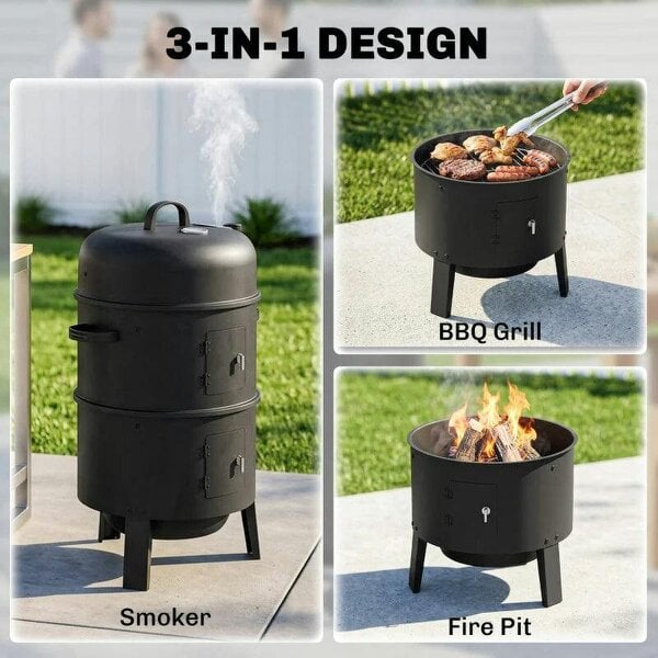 3-in-1 Vertical Charcoal Smoker with 2 Grill Grates, Built-in Thermometer, Adjustable Vent, 2 Doors