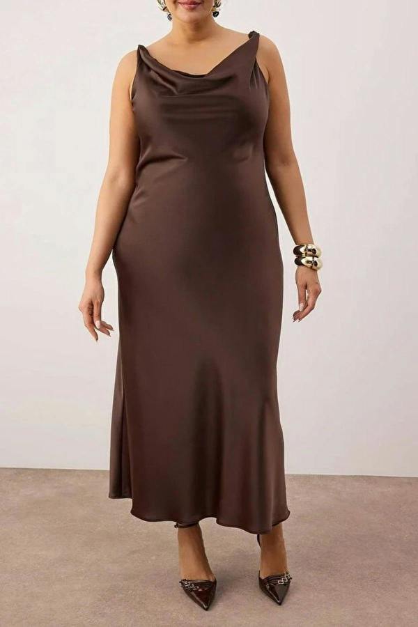 WOVCOR Midi V-Neck Satin Woven Plus Size Dress