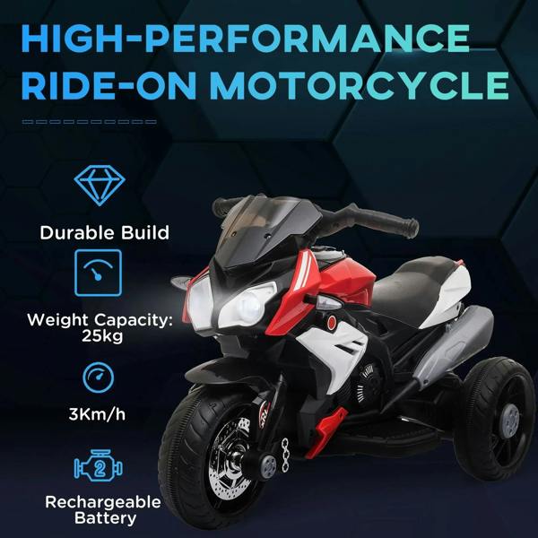 Kids three-wheel electric ride-on motorcycle toy with handlebar, headlight, and red front panel