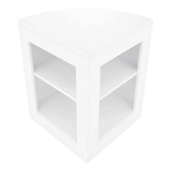 White Aries LED Shop Counter Set featuring a sleek corner design, two open shelves, and a smooth, glossy finish