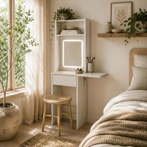 Wyld Haus Ravitti White Compact Vanity Desk With Mirror LED Lights Drop Leaf And Open Shelves