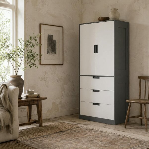 Wyld Haus Corario Wooden Grey and White 2 Door Wardrobe With 3 Drawers And Hanging Rod