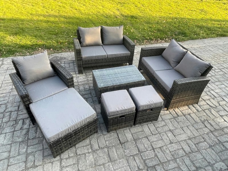 Fimous Rattan Garden Furniture Set 8 Seater Patio Outdoor Lounge Sofa Chair Set with Rectangular Coffee Table 3 Footstools Dark Grey Mixed