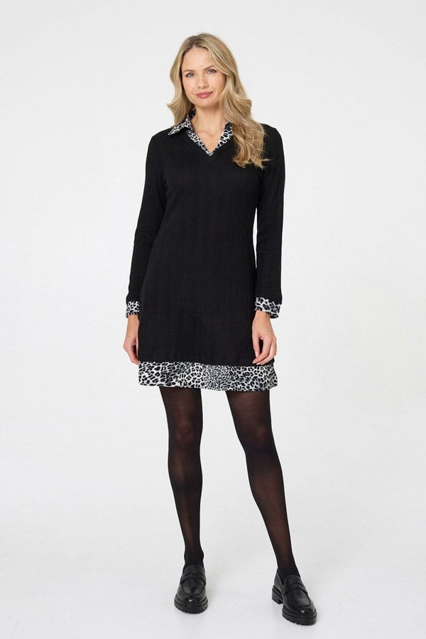 Black | Animal Print Layered Short Shirt Dress
