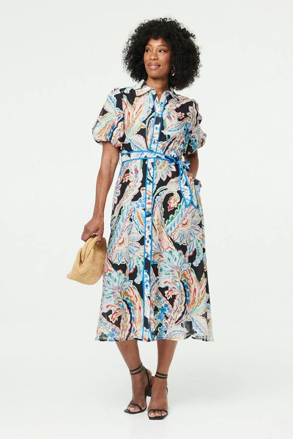 Black | Floral A-Line Tie Waist Midi Shirt Dress