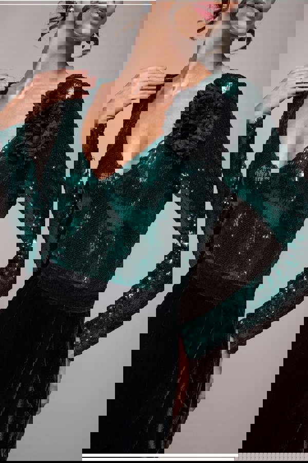 Liquid Sequin Jumpsuit With Corsage - Emerald Green TR380