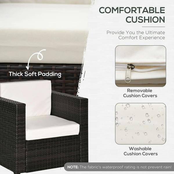 Rattan garden armchair with thick white cushion and dark brown woven sides