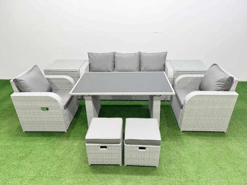 Fimous Outdoor Rattan Garden Furniture Dining Set 7 seater Patio Rectangular Table 3 Seater Sofa Reclining Chair Set with 2 Side Tables 2 Small Stools