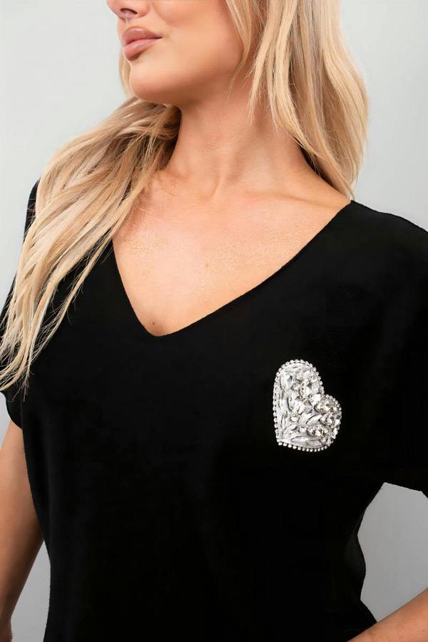 Della Short Sleeve V-neck Oversized Rhinestone Heart Detail Top - Black