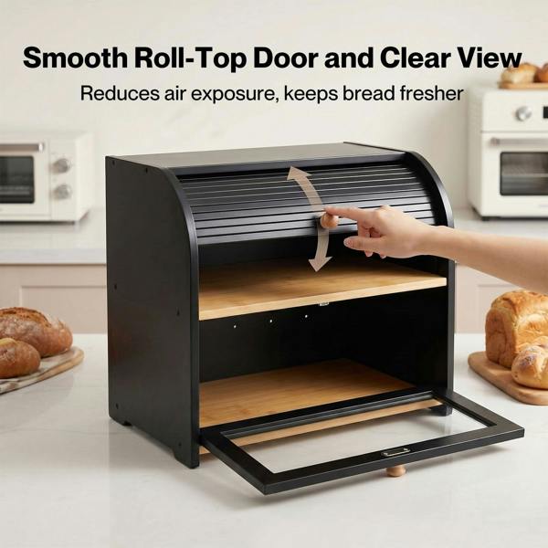 Toque Bread Box  2-Tier Large Capacity Roll Top  Black Bamboo  Acrylic Door