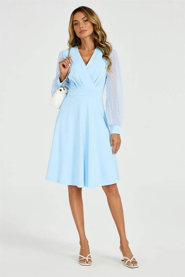 FS Collection Long Sleeve Pleated Detail Midi Dress In Pale Blue