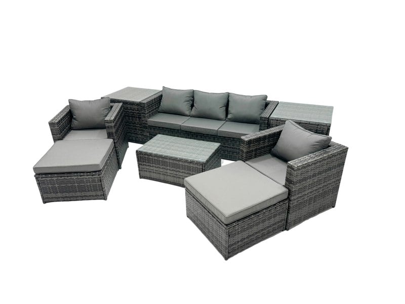 Fimous Outdoor Coffee Table Sofa Armchair Set with 2 Side Tables 2 Big Stools Garden Furniture Set Dark Grey Mixed