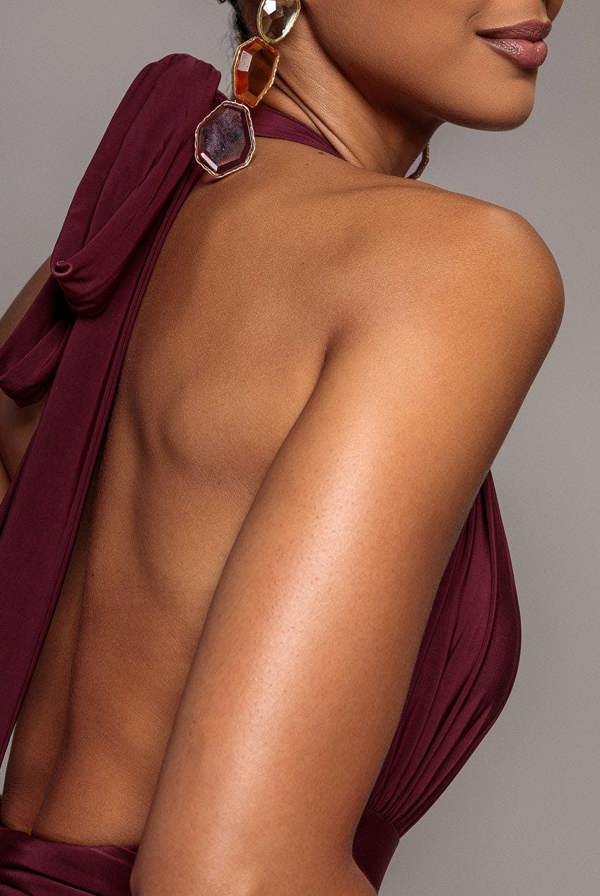 Halter Neck Empire Waist Gathered Maxi Dress - Burgundy DR5259