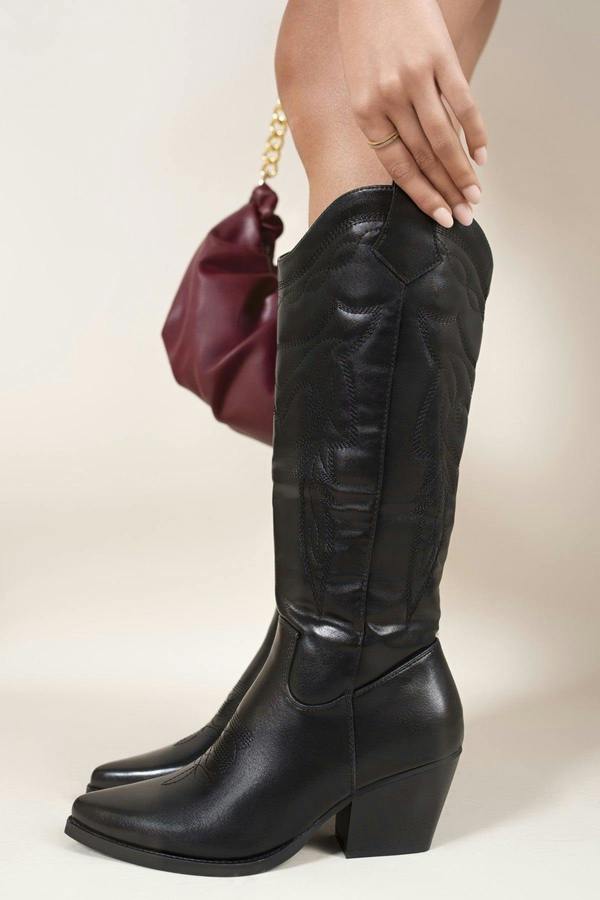 Emira Western Stitch Knee High Block Heel Boots - Black Pu