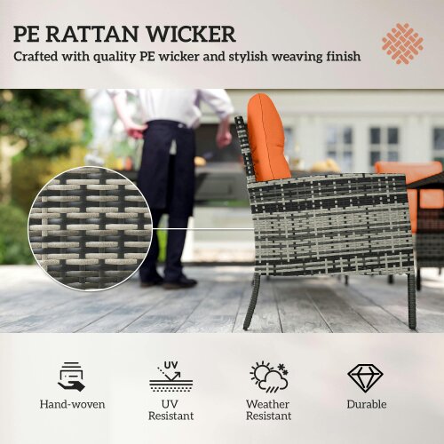 Wyld Haus Lodori Grey Rattan 7 Seater Outdoor Dining Set with Orange Cushions And Table