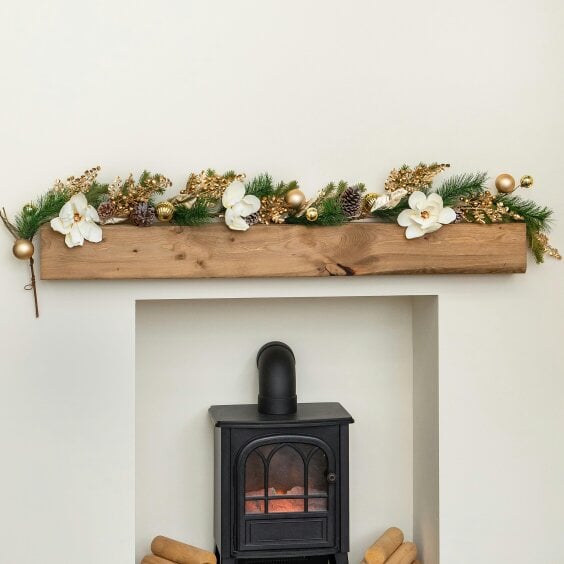 Samuel Alexander 1.8m Champagne Magnolia Decorated Christmas Garland with Gold Baubles