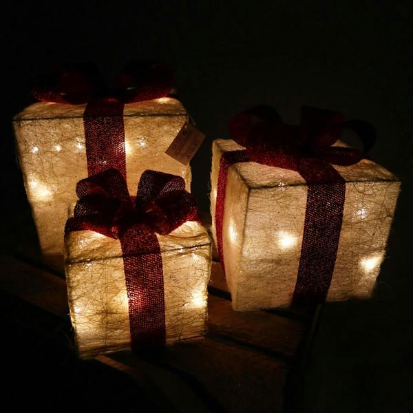 Set of 3 Cream Pre-Lit LED Glitter Rattan Christmas Parcel Decorations for Home Seasonal Displays image 4
