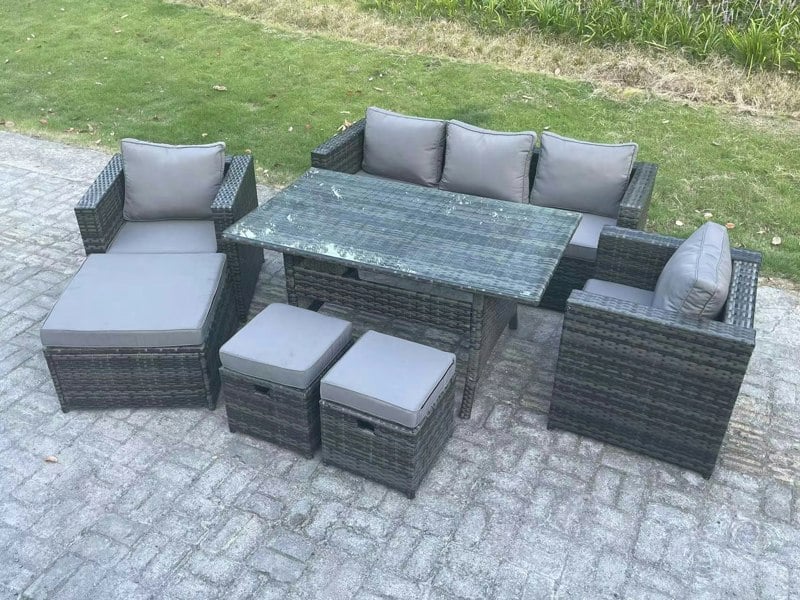 Fimous Outdoor Garden Furniture Set Patio Rattan Rectangular Dining Table Lounge Sofa Chair with Big Footstool 2 Small Stools Dark Grey Mixed