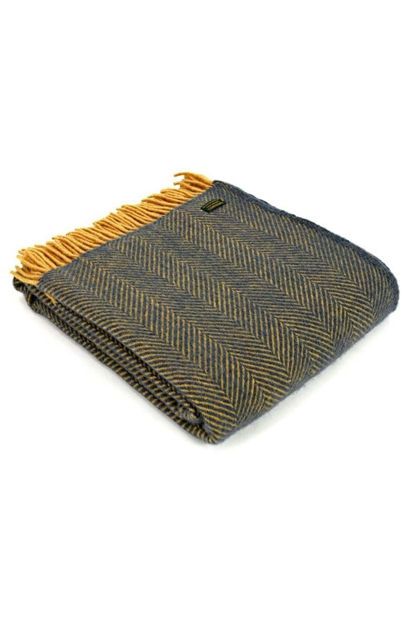 HomeSpace Direct Herringbone Navy Blue & Mustard Wool Throw 100% Pure British New Wool