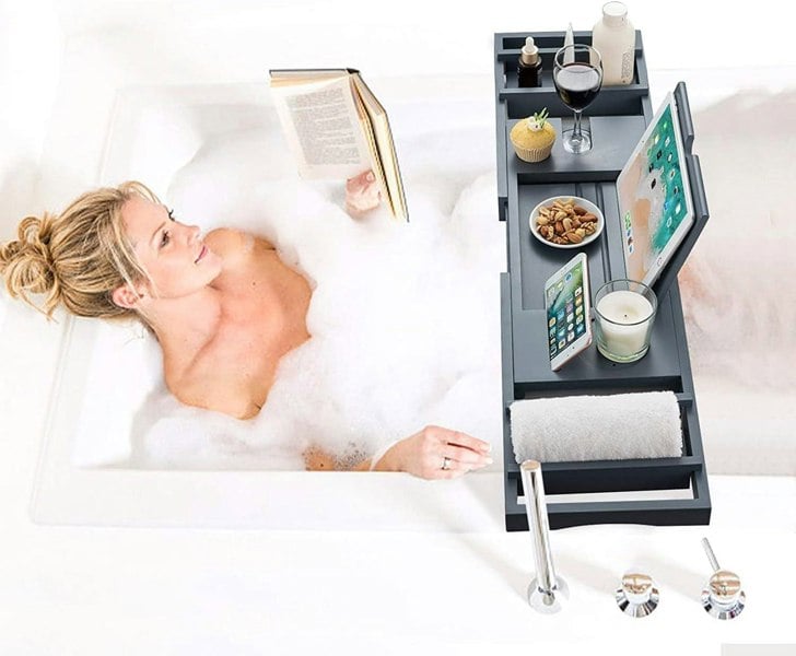 MANTRARAJ Bamboo Bath Tray Extendable Bath Caddy Trays for Bathtub Accessories with Tablet Slots Candle Cup Holder Grey